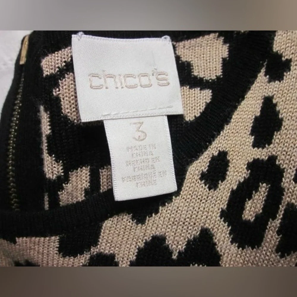 Chico’s Women’s Leopard Print Pullover Sweater, Tan/Black, 1/4 Zip Back; Size 3